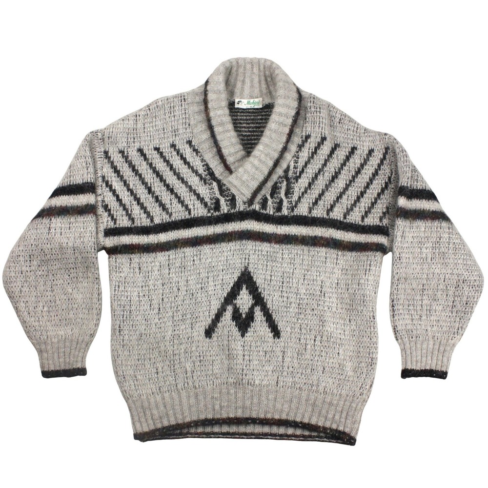 Vintage Mohini Wool Sweater Shawl Collar Fuzzy Mohair Blend Gray Graphic Knit M